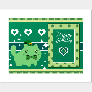 "Happy Birthday" Lucky Green Cat Posters and Art